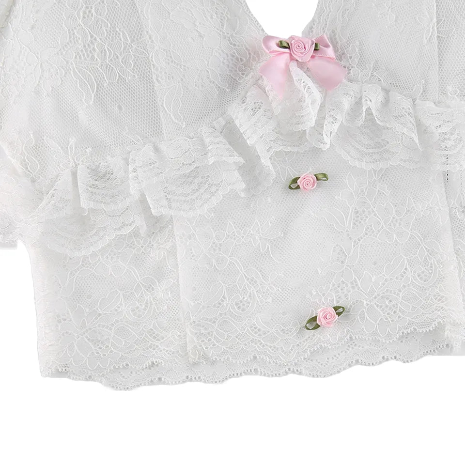 White Lace Bow Sheer Corset Top