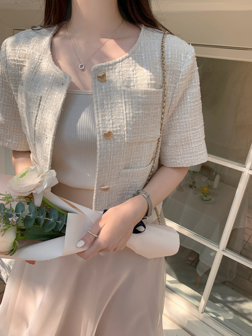 Heart Button Tweed Short Sleeve Blouse