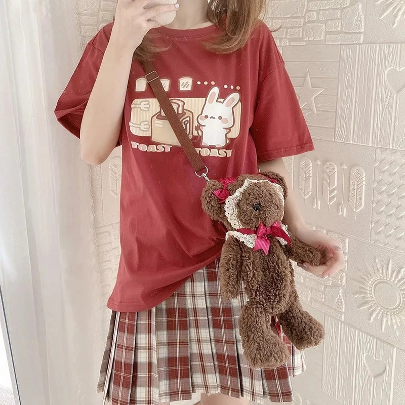 Cute Bunny And Toast Bread Graphic Cartoon Print Loose Short Sleeve T-shirt Aesthetic Casual Summer E-Girl Kawaii Korean Japanese Harajuku