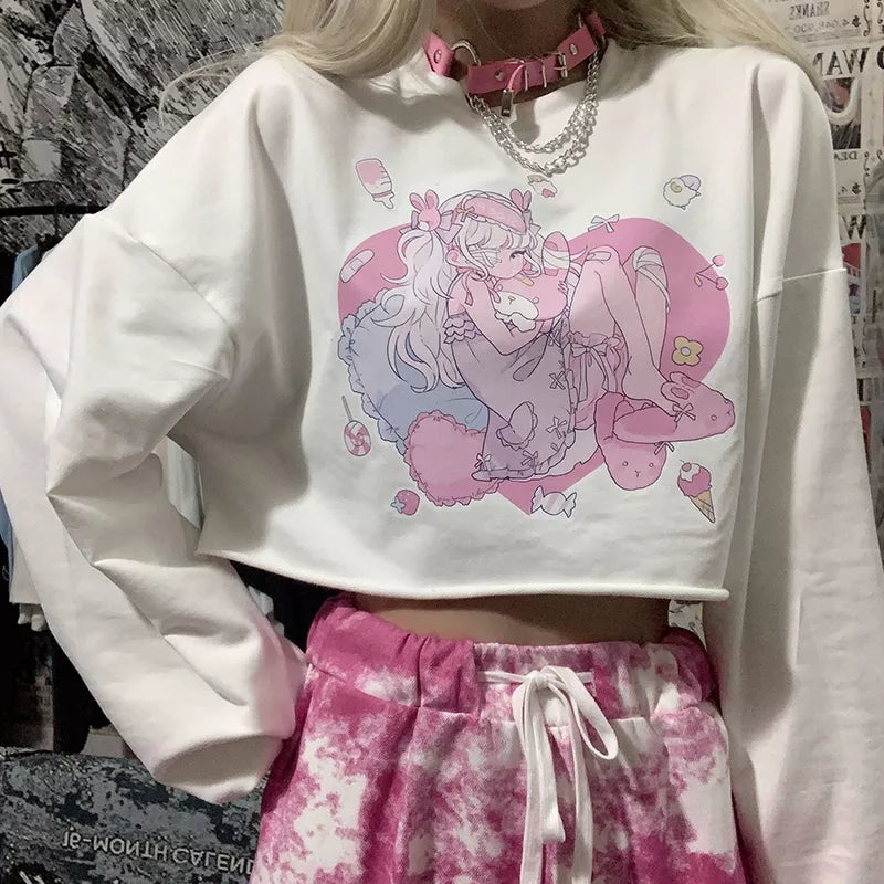 Sweet Anime Girl Cartoon Print Loose Long Sleeve Sweatshirt Sweater Pullover Jumper Autumn Causal E-Girl Kawaii Korean Japanese Harajuku Streetwear