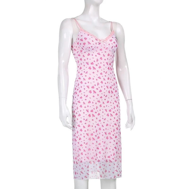 Cute Sexy Pink Floral Long Boho Dress Sleeveless V Neck Lace Trim Bodycon Party Club Beach Summer Vintage Casual E-girl Kawaii Korean
