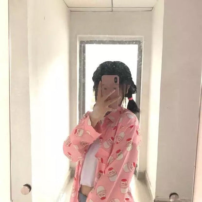Cute Pastel Pink Strawberry Milk Yogurt Drink Blouse Long Sleeve Shirt Button Up Top Summer Casual E-Girl Kawaii Korean Japanese Harajuku Streetwear
