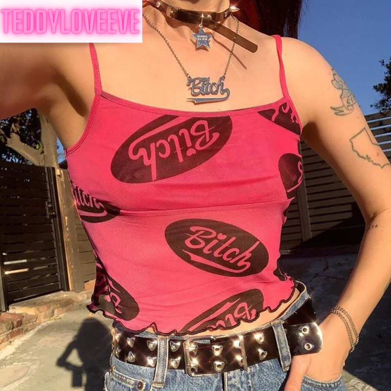 Cute Spider Skull Mesh Transparent See Through Camisole Tank Crop Top Sleeveless Goth Punk Casual E-Girl Kawaii Korean Japanese Harajuku Streetwear