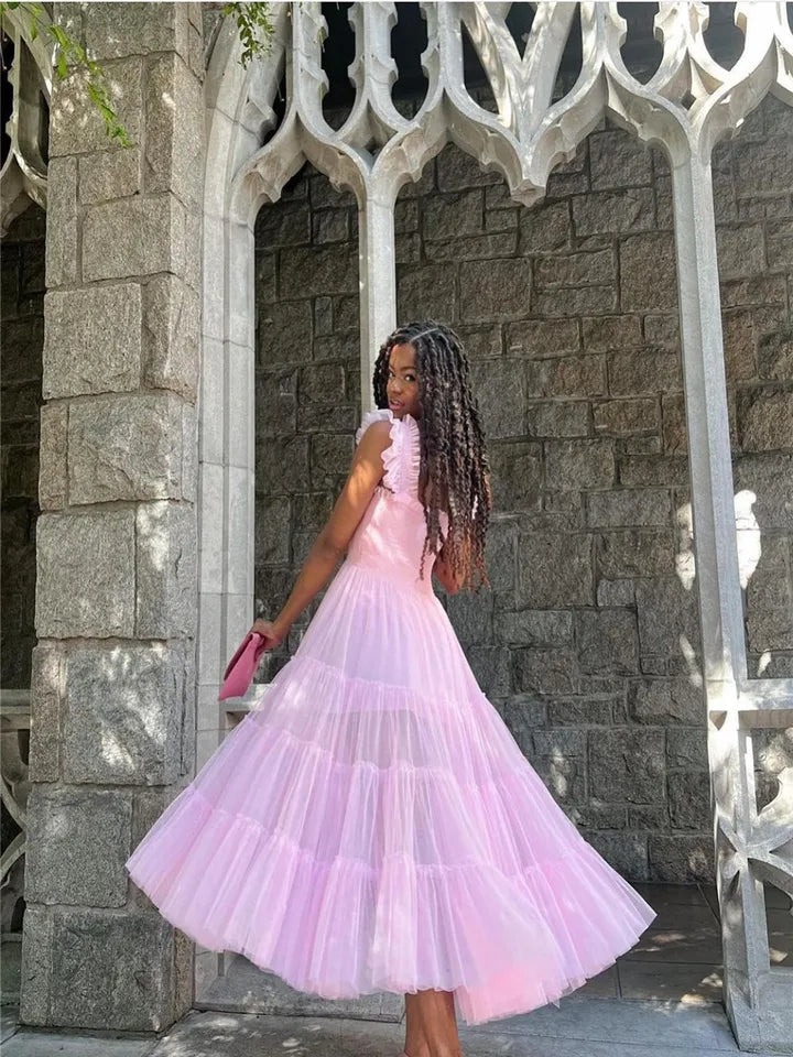 Pink Fairy Mesh Puffy Square Neck Long Dress