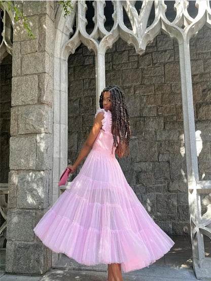 Pink Fairy Mesh Puffy Square Neck Long Dress