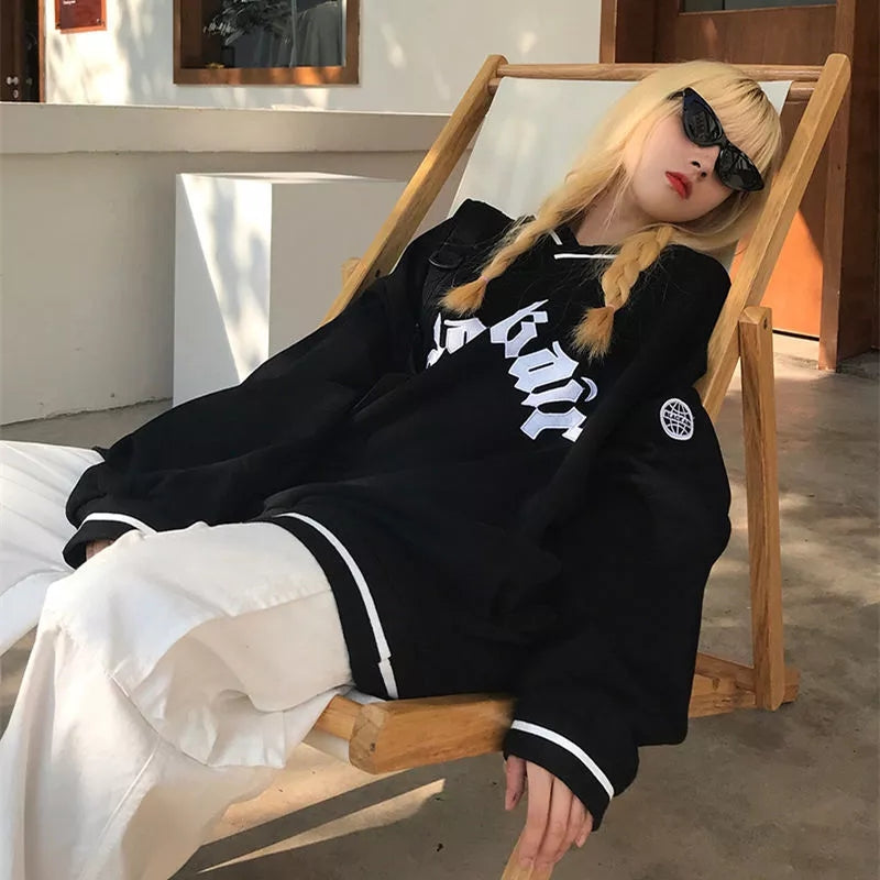 Black Letter Embroidery V Neck Long Sleeve Sweater
