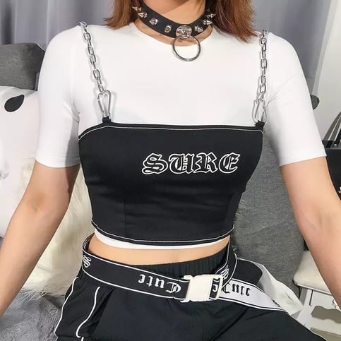Sexy Black Goth Punk Letter Print Metal Chain Camisole Tank Crop Top Shirt Summer E-Girl Kawaii Korean Japanese Harajuku Retro Streetwear