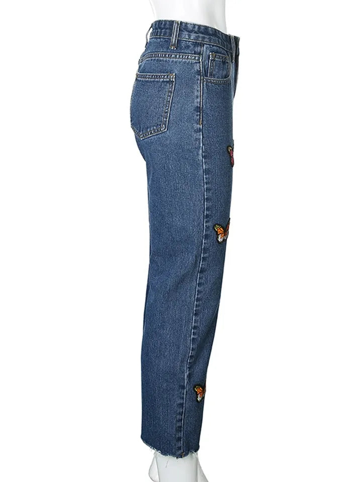 Butterfly Embroidery High Waist Denim Jeans