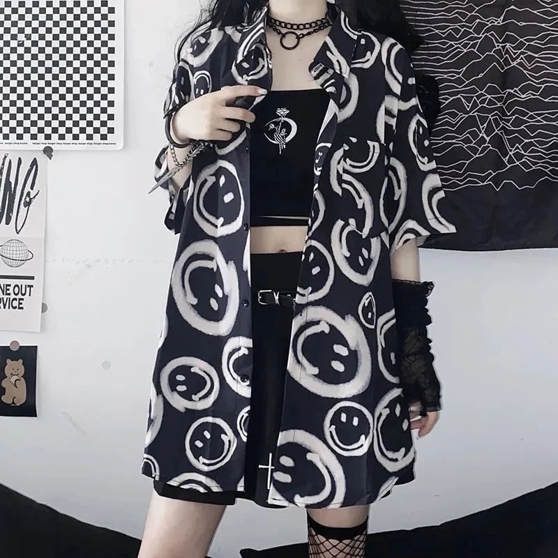 Black Smiley Happy Face Cartoon Print Button Down Oversize Short Sleeve Shirt Goth Aesthetic Casual Summer E-Girl Kawaii Korean Japanese Harajuku