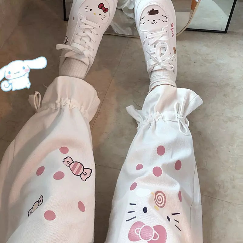 Cute White Kitty Cat Cartoon Print High Waisted Straight Pants Trousers Aesthetic Casual Summer E-Girl Kawaii Korean Japanese Harajuku