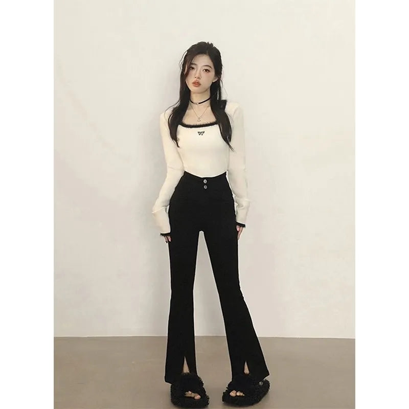 Black Bow Fluffy Square Collar Jumper