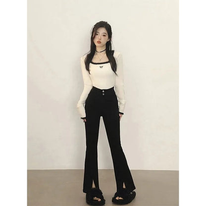 Black Bow Fluffy Square Collar Jumper
