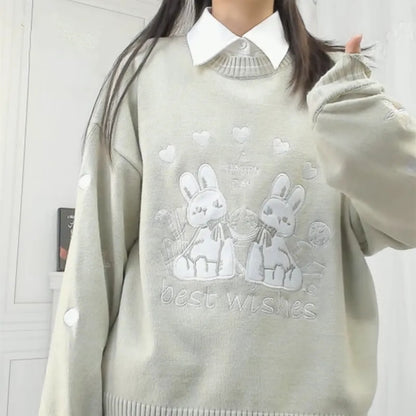 Green Rabbit Knit Long Sleeve Sweater