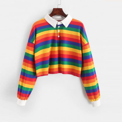 Cute 90s Rainbow Butron Crop Top Sweatshirt Sweater Oversized Hoodies Long Sleeve Shirt Top E-Girl Kawaii Korean Japanese Harajuku Retro Streetwear