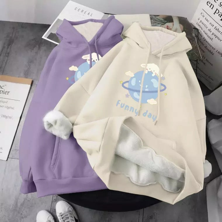 Cute Dog Poodle Earth Cartoon Print Oversized Loose Hoodie Sweater Sweatshirt Pullober Jumper Casual E-Girl Kawaii Korean Japanese Harajuku Streetwear