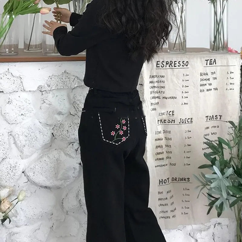 Floral Embroidery Black Cotton Pants