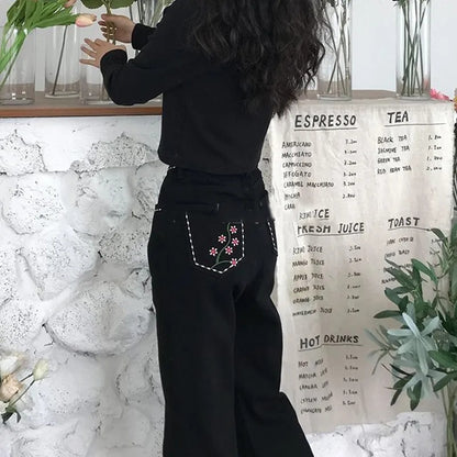 Floral Embroidery Black Cotton Pants