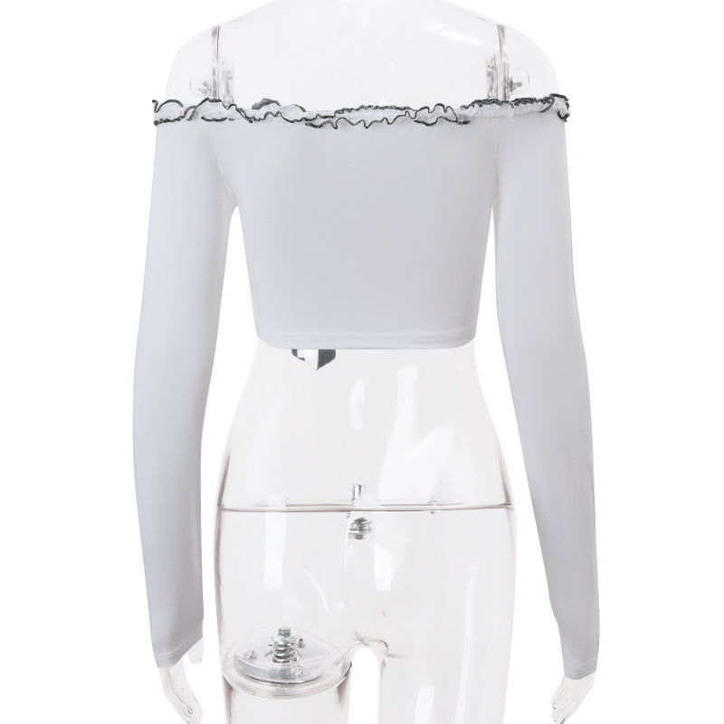 Ruffle Off Shoulder Lace Up Long Sleeve Top