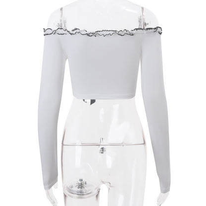 Ruffle Off Shoulder Lace Up Long Sleeve Top