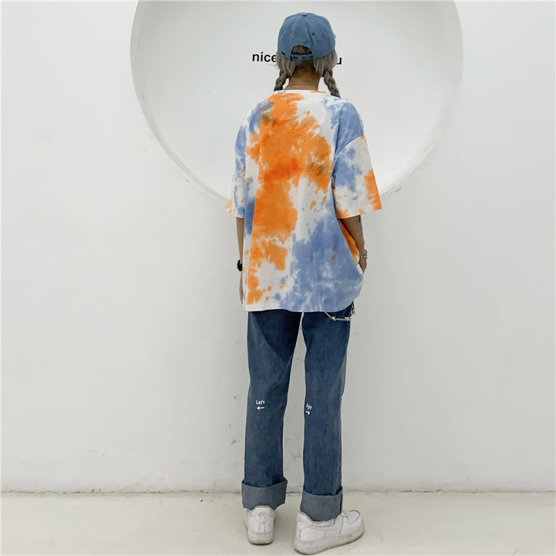Cute Tie Dyed Hip Hop Casual Punk Goth Loose Oversized Short Sleeve Shirt Tee T-shirt E-Girl Kawaii Korean Japanese Harajuku Chinese Retro Streetwear