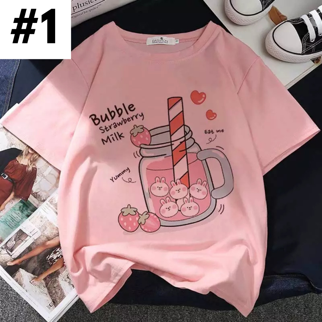Cute Pastel Pink Strawberry Peach Juice Cartoon Print Loose Short Sleeve Shirt Aesthetic Casual E-Girl Kawaii Korean Japanese Harajuku