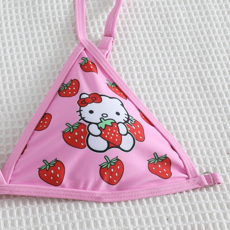 2PCS Pink Strawberry Japanese Cat Bikini Set