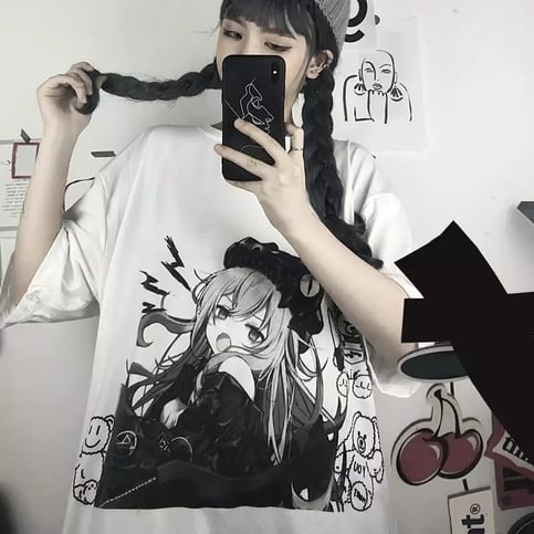 Cute White Anime Girl Graphic Print Loose Short Sleeve Shirt Goth Punk Aesthetic Casual E-Girl Kawaii Korean Japanese Harajuku