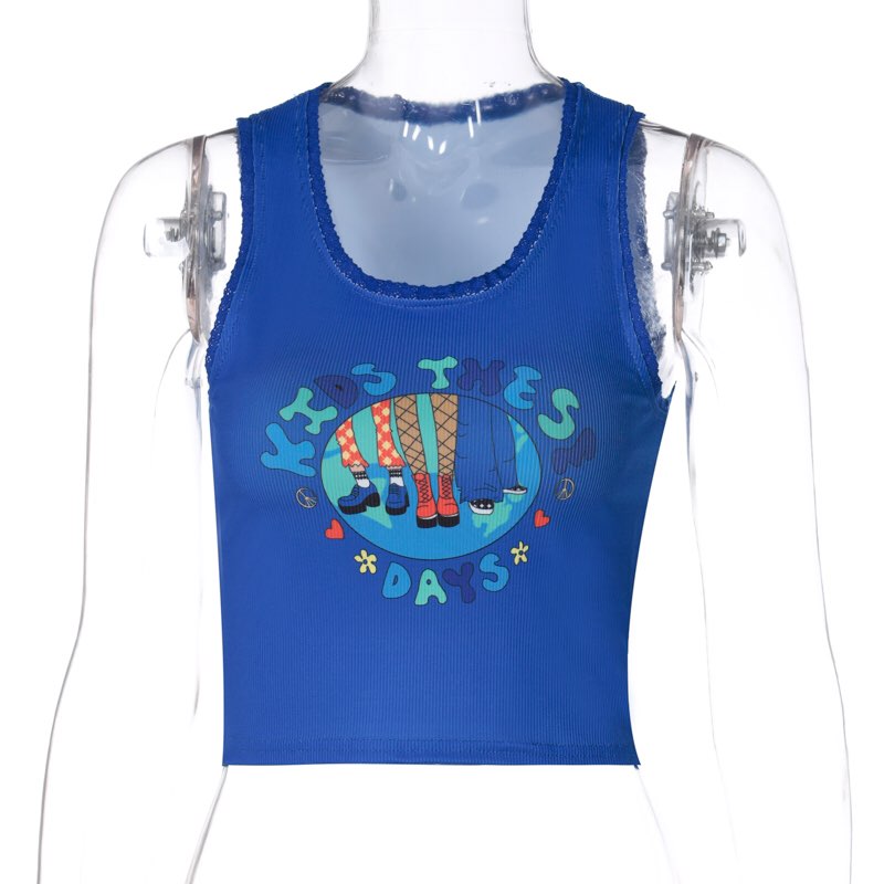 Cute Graphic Cartoon Print Retro Aesthetic Sleeveless Shirt Crop Top Tank Rib Knit Goth Punk Casual E-Girl Kawaii Korean Japanese Harajuku Streetwear