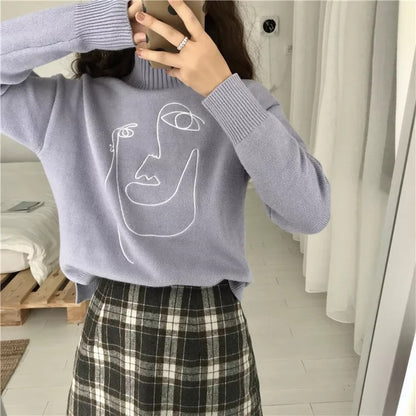 Cute Geometric Face Knit Turtleneck Oversized Sweater Long Sleeve Shirt Pullover Sweatshirt E-Girl Kawaii Korean Japanese Harajuku Retro Streetwear