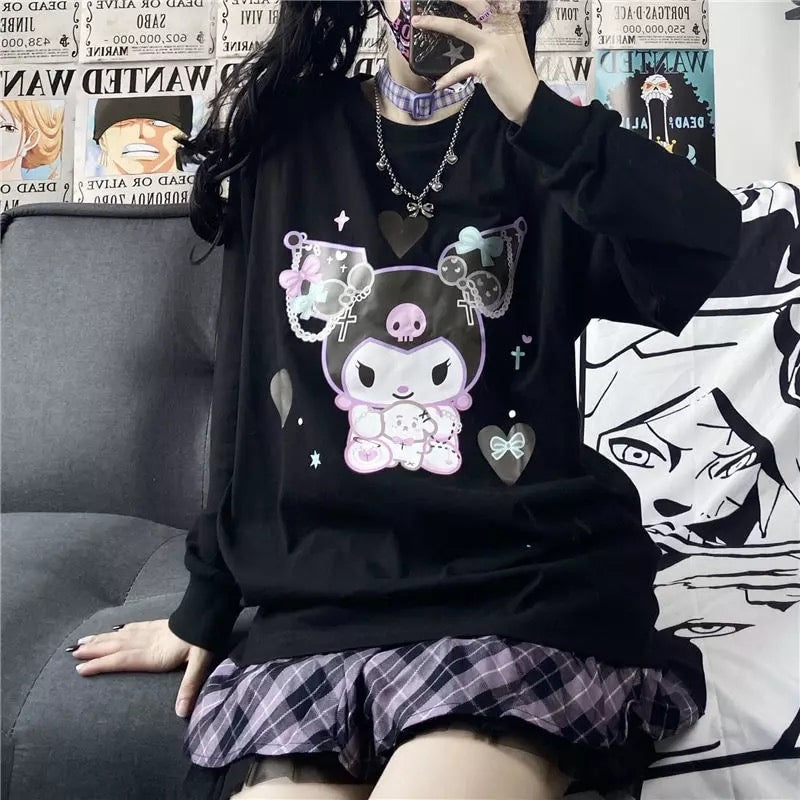 Cute Black Japanese Anime Cartoon Print Loose Oversize Long Sleeve T-shirt