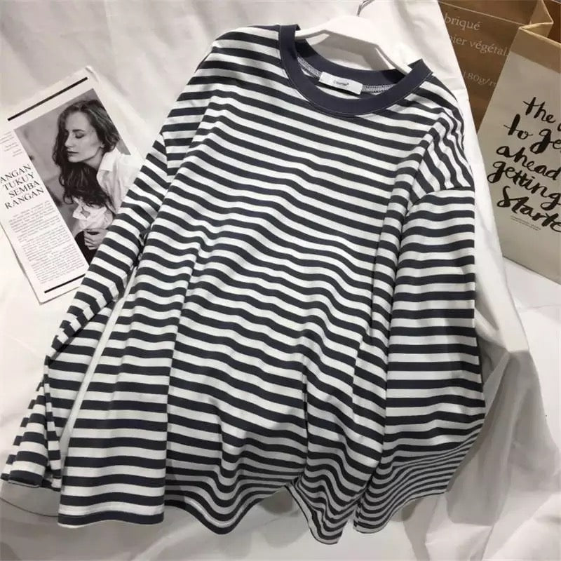 Cute Casual Stripe Round Neck Long Sleeve Tee Shirt T-shirt Top Plus Oversized Baggy E-Girl Kawaii Korean Japanese Harajuku Retro Streetwear