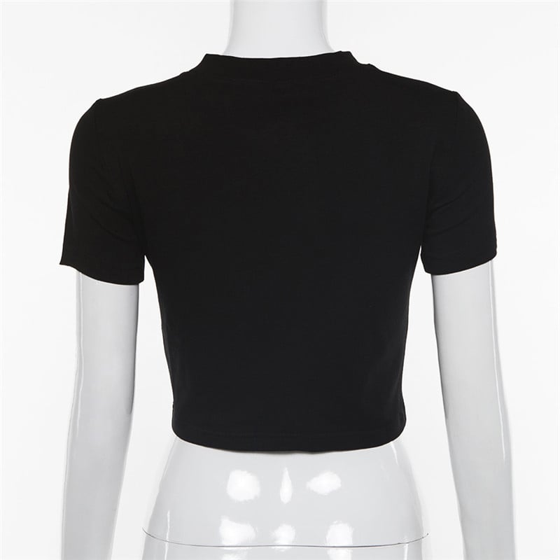 Cute Sexy Black Cosmic Letter Sequin Crop Top T-shirt Short Sleeve Shirt Kawaii Korean Japanese Harajuku Chinese Retro Streetwear Aesthetic Fashion