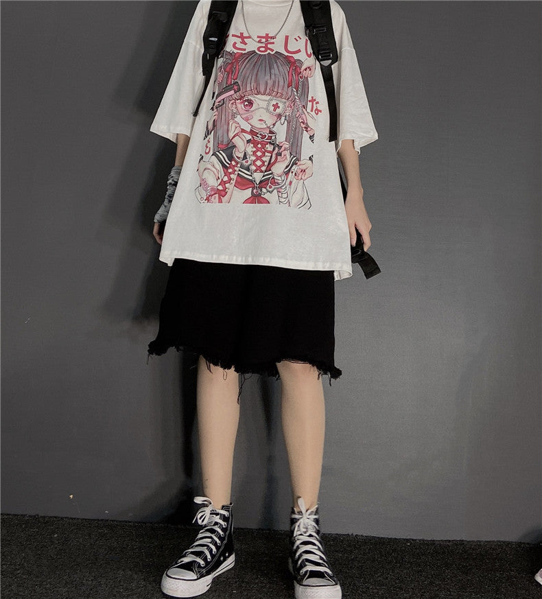 Cute Japanese Girl Punk Goth Print Oversized Short Sleeve Shirt Tee T-shirt E-Girl Kawaii Korean Japanese Harajuku Retro Streetwear Aesthetic