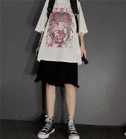 Cute Japanese Girl Punk Goth Print Oversized Short Sleeve Shirt Tee T-shirt E-Girl Kawaii Korean Japanese Harajuku Retro Streetwear Aesthetic