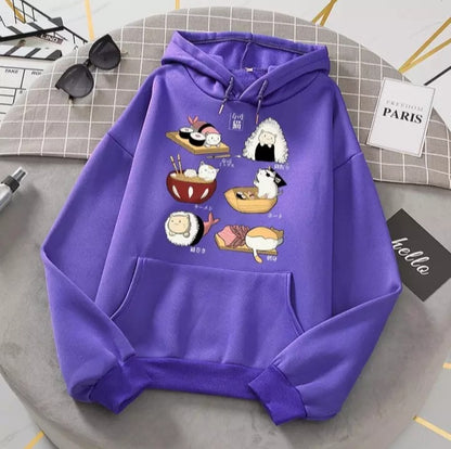 Cute Cat Sushi Cartoon Print Oversized Hoodie Fleece Sweatshirt Pullover Aesthetic Casual E-Girl Kawaii Korean Japanese Harajuku
