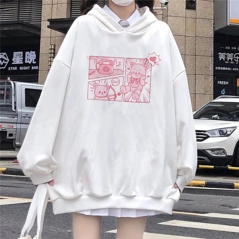 Pink Bear Cartoon Print Hoodie