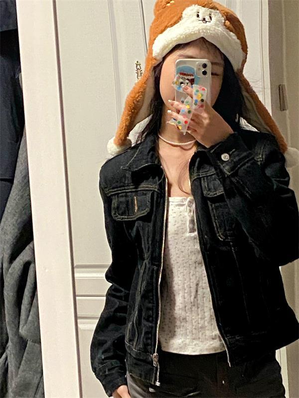 Black Denim Turn Down Collar Jacket