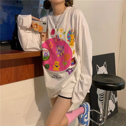White Retro Cartoon Print Sweater