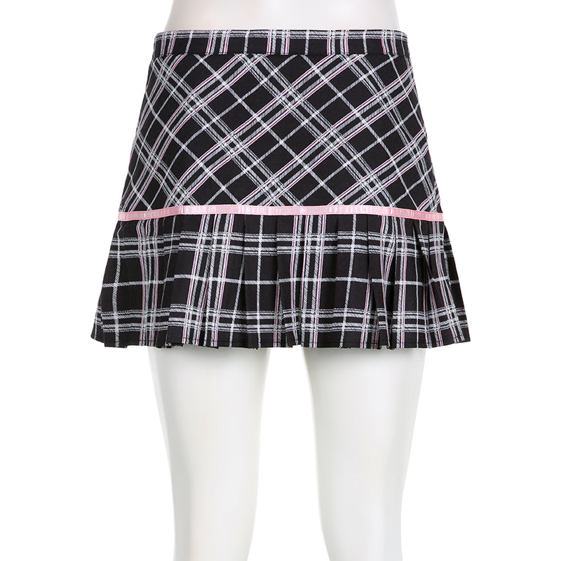 Pink Plaid Stripe Pleated High Waist Mini Skirt