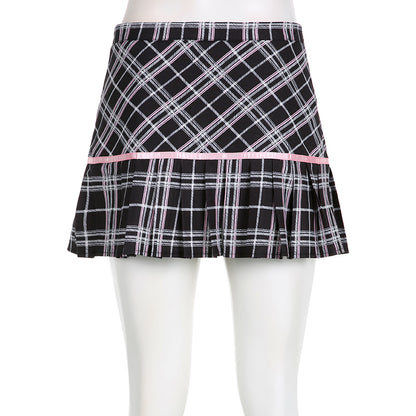 Pink Plaid Stripe Pleated High Waist Mini Skirt