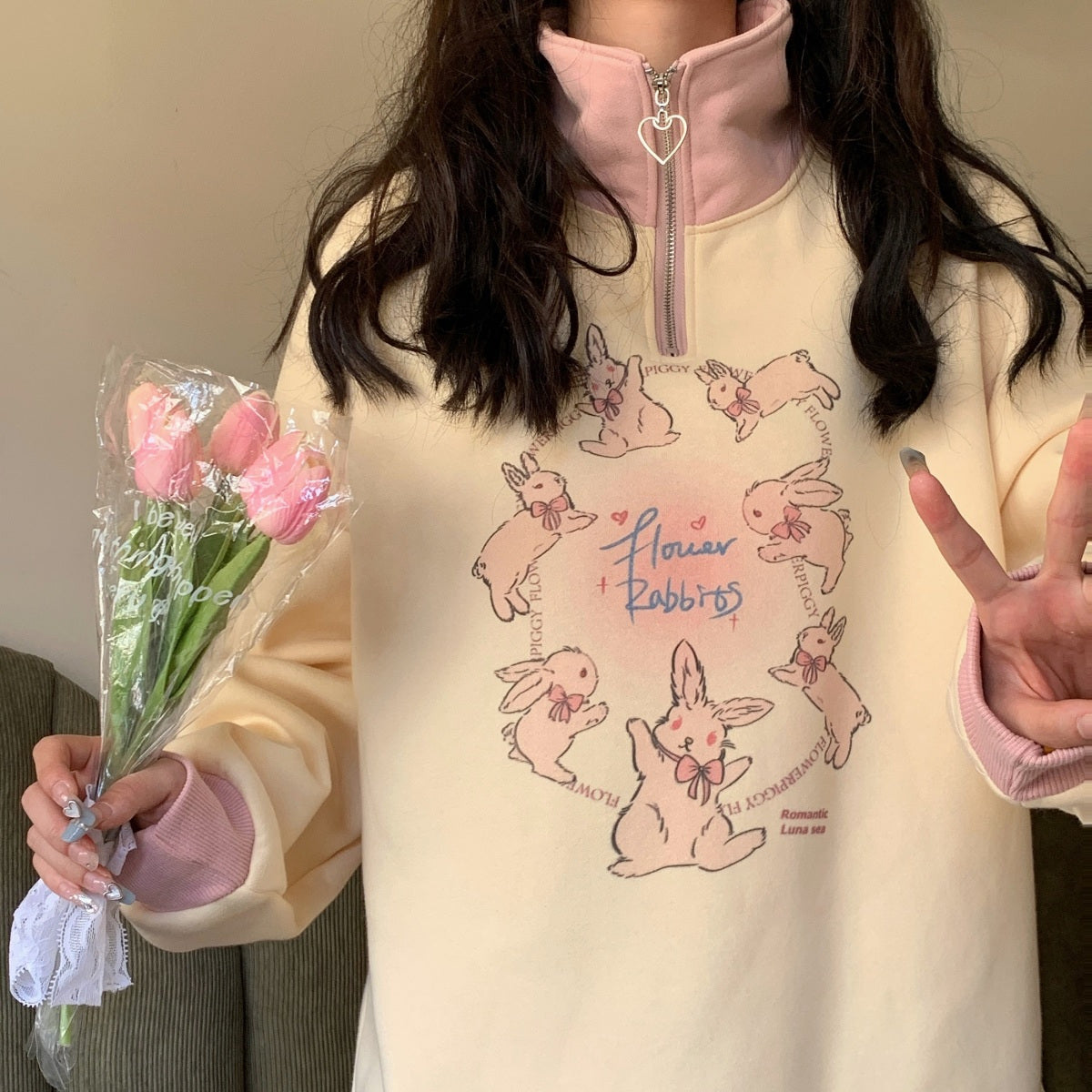Rabbit Print Collar Zip Up Jacket