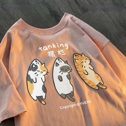 Funny 3 Cats Print Short Sleeve T-shirt