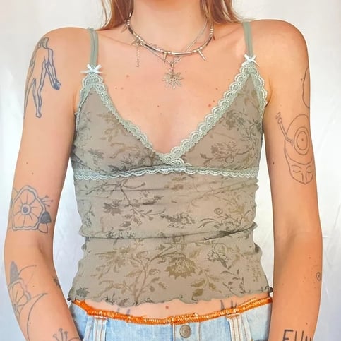 Floral Print Lace Trim Mesh Crop Top