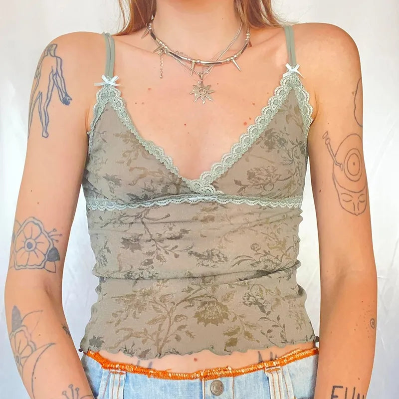 Floral Print Lace Trim Mesh Crop Top
