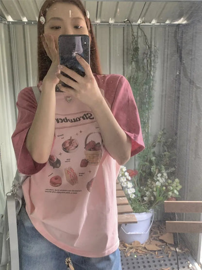 Strawberry Cake Print Short Sleeve T-shirt