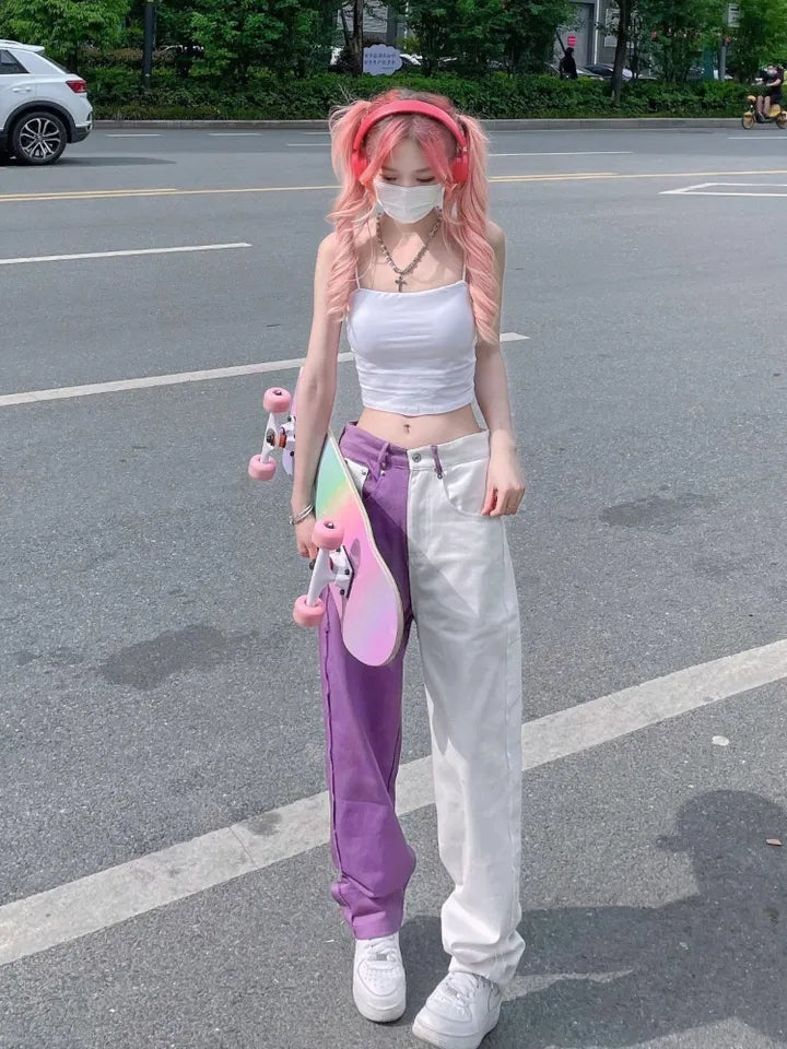 Purple & White Patchwork Straight Wide Leg Pants