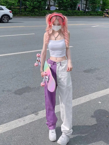 Purple & White Patchwork Straight Wide Leg Pants