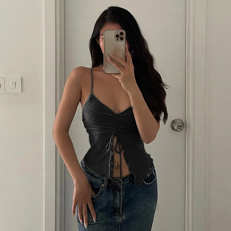 Blue Glitter Ruched Tank Top