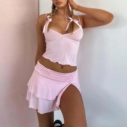 2PCS Pink V Neck Tank Top + Ruched Double Layer Skirt