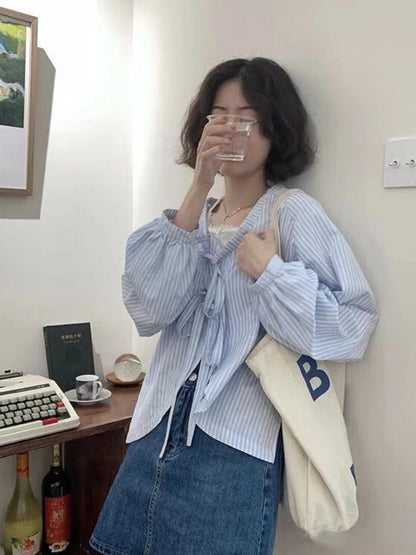 Blue Striped Bandage Long Sleeve Blouse
